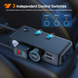Nilight 9 in 1 Cigarette Lighter Adapter Splitter 3 Sockets PD 65W and QC3.0 18W Ports with Independent Switches LED Voltage Display for 12V 24V Cars SUV Van Truck Jeep Camper