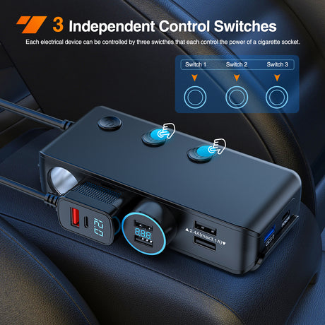Nilight 9 in 1 Cigarette Lighter Adapter Splitter 3 Sockets PD 65W and QC3.0 18W Ports with Independent Switches LED Voltage Display for 12V 24V Cars SUV Van Truck Jeep Camper