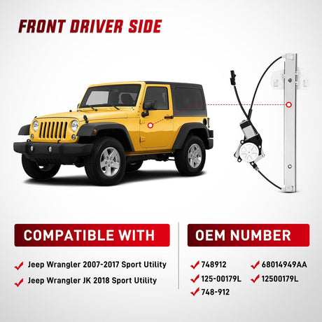 Nilight 748-912 Window Regulator and Motor Front Driver Side Compatible with Jeep Wrangler 2007-2017 Sport Utility,Wrangler JK 2018 Sport Utility 2010 2011 2012 2013 2014 2015 2016 2017