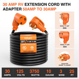 Nilight 50FT 30 Amp RV Extension Cord with Adapter 50Amp to 30Amp 125V Heavy Duty 10/3 Gauge Pure Copper STW Wire UL ETL Listed 3 Prong TT-30P TT-30R Weatherproof Suit for Generators Campers