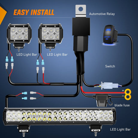 20Inch 126W Led Light Bars 2Pcs 18W Led Pods with Wiring Harness Kit-3 Leads