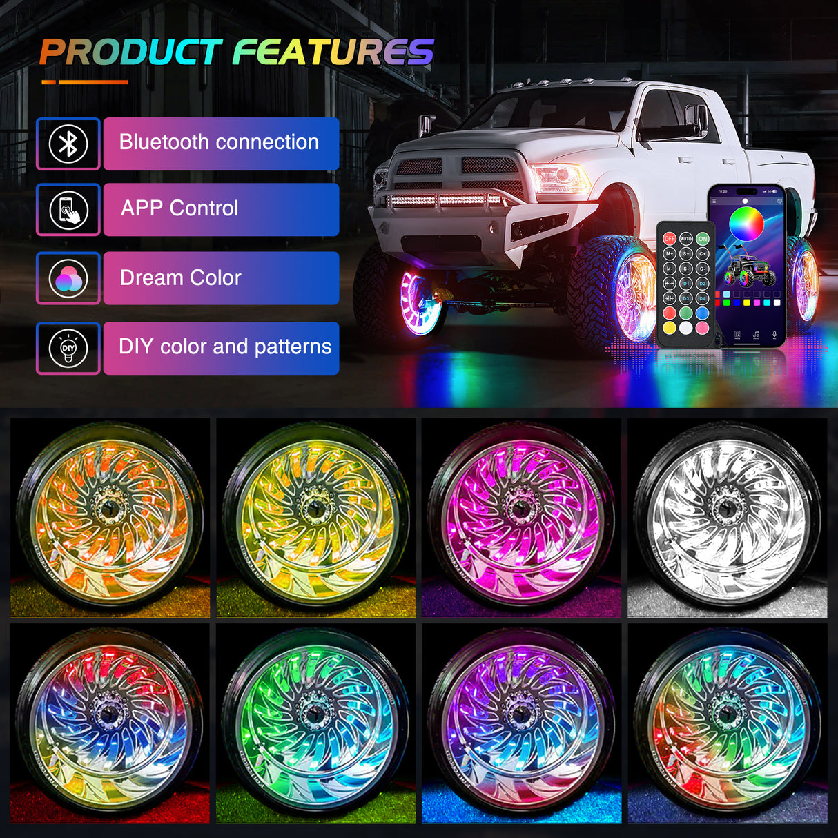 4PCS 17.5inch Wheel Ring Lights Deram Color with APP and Remote Control Neon Lights Million Colors w/Turn Signal and Braking Function for Car Van SUV Truck