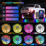 4PCS 17.5inch Wheel Ring Lights Deram Color with APP and Remote Control Neon Lights Million Colors w/Turn Signal and Braking Function for Car Van SUV Truck