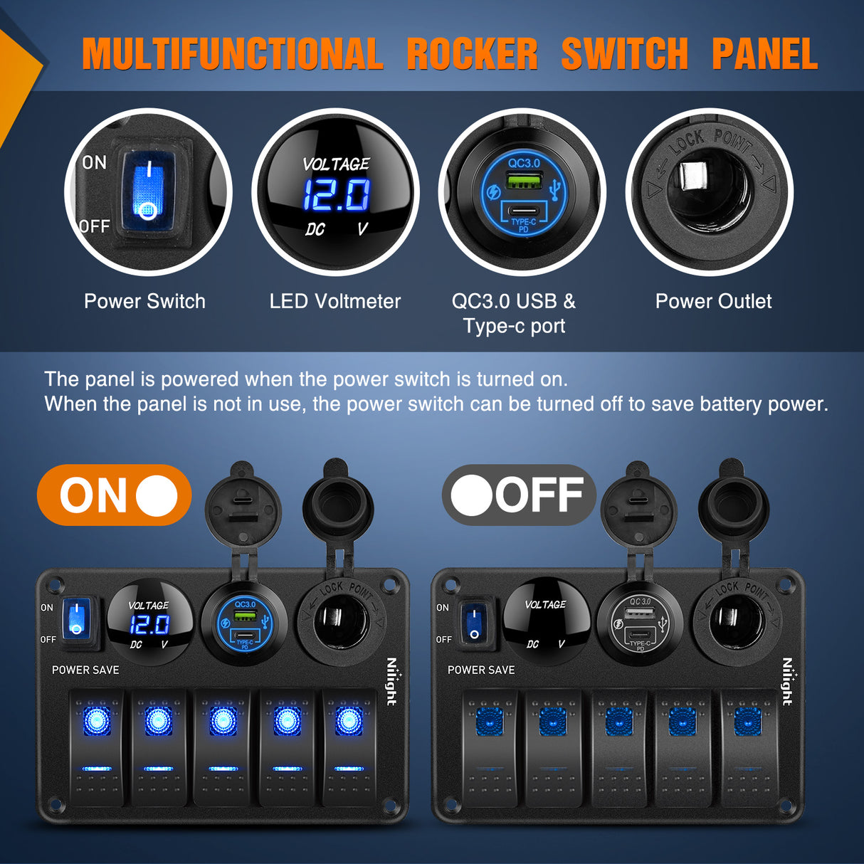 Nilight 5 Gang Rocker Switch Panel Waterproof Pre-Wired Aluminum Power Control Marine Panels with PD Type C and USB Cigarette Lighter Socket Voltmeter 12V 24V ON Off Switches for Car Trucks Boats RVs