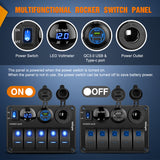 Nilight 5 Gang Rocker Switch Panel Waterproof Pre-Wired Aluminum Power Control Marine Panels with PD Type C and USB Cigarette Lighter Socket Voltmeter 12V 24V ON Off Switches for Car Trucks Boats RVs