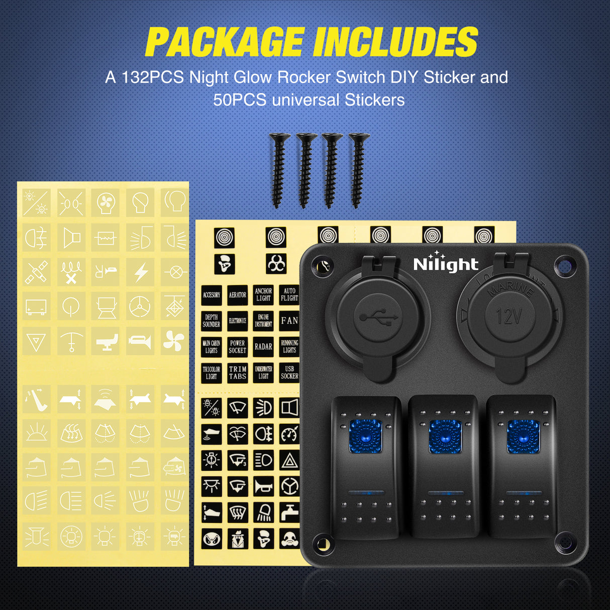 Nilight 3 Gang Rocker Switch Panel Pre-Wired Aluminum with PD Type C and USB Cigarette Lighter Socket Night Glow Stickers 12V 24V ON Off Switches for Car Trucks Boats RVs