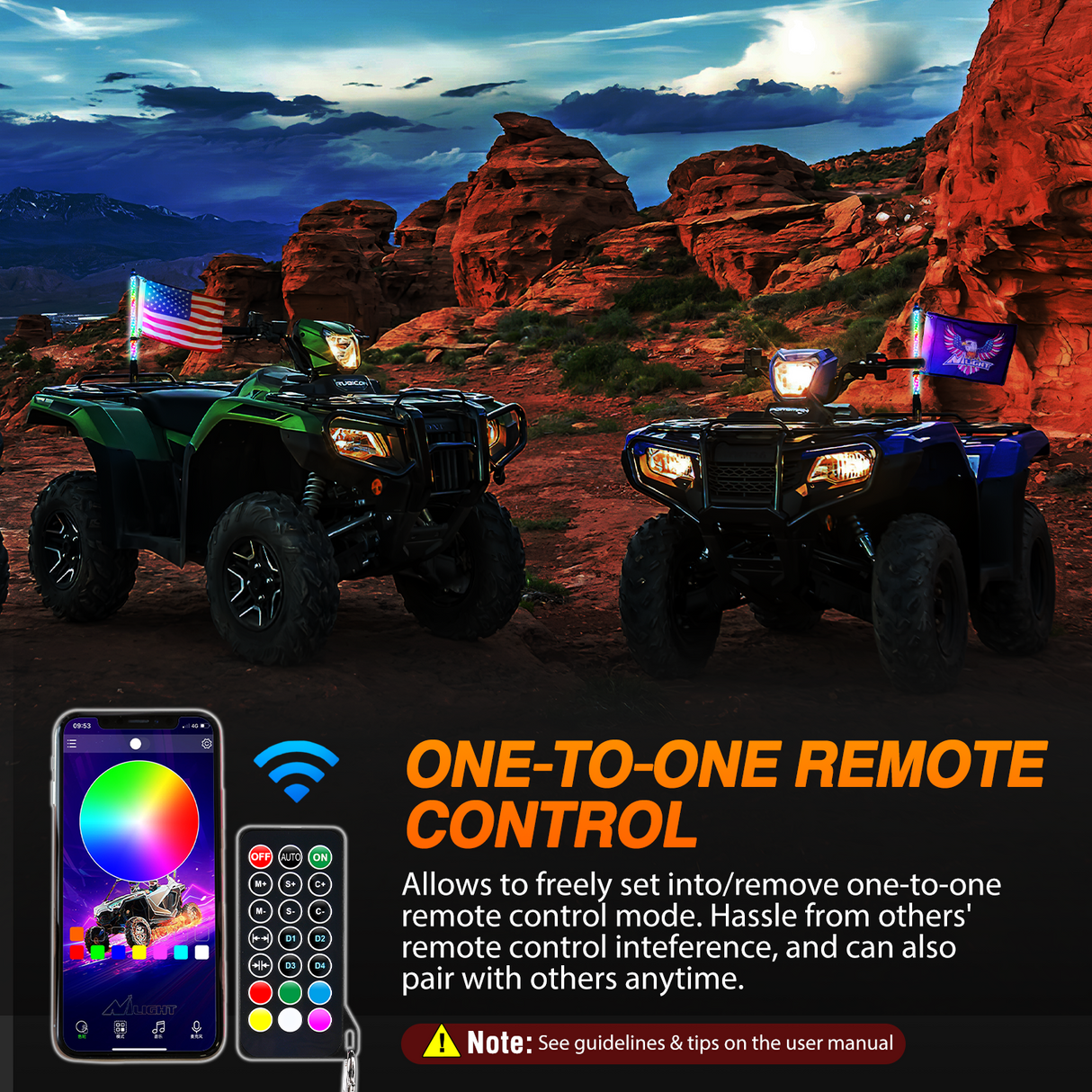 RGB Whip Light 1PC 2FT Lighted Antenna Whips with Remote & App Control DIY Chasing Patterns Brake Reverse Lights for ATV UTV Polaris RZR Can-am Dune Buggy Pickup Trucks Jeep