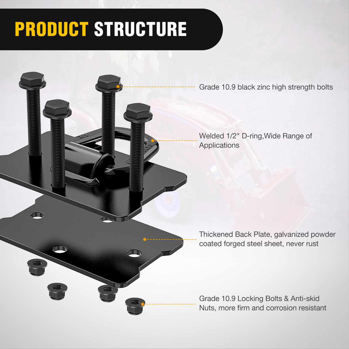 Nilight 2Pcs 1/2inch D Rings for Trailers Heavy Duty Trailer Tie Down Rings, Incl. Mounting Hardware, Forged Steel Bolt-On Grab with Back Plates Compatible with Tractor RV UTV Truck, Max 12000Lbs, Black