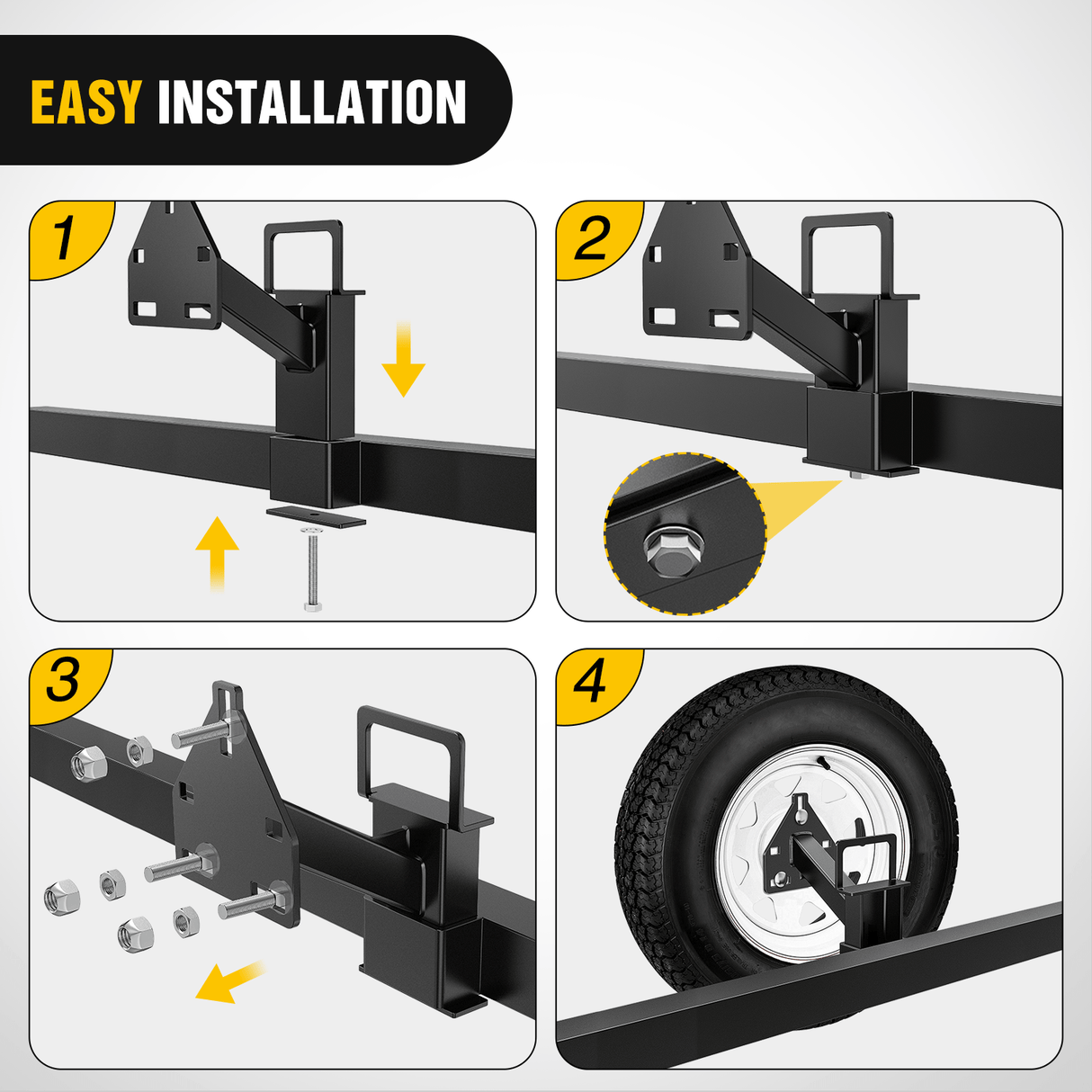 Trailer Hitch Spare Tire Carrier Mount Stake Pocket Boat 3-Nuts Trailer Bracket Utility Trailer Accessories Fits 4 & 5 & 6 Lugs Trailer Wheels on 4Inch 4.5Inch 4.75Inch 5Inch 5.5Inch and 6Inch Bolt Patterns 150 Lbs