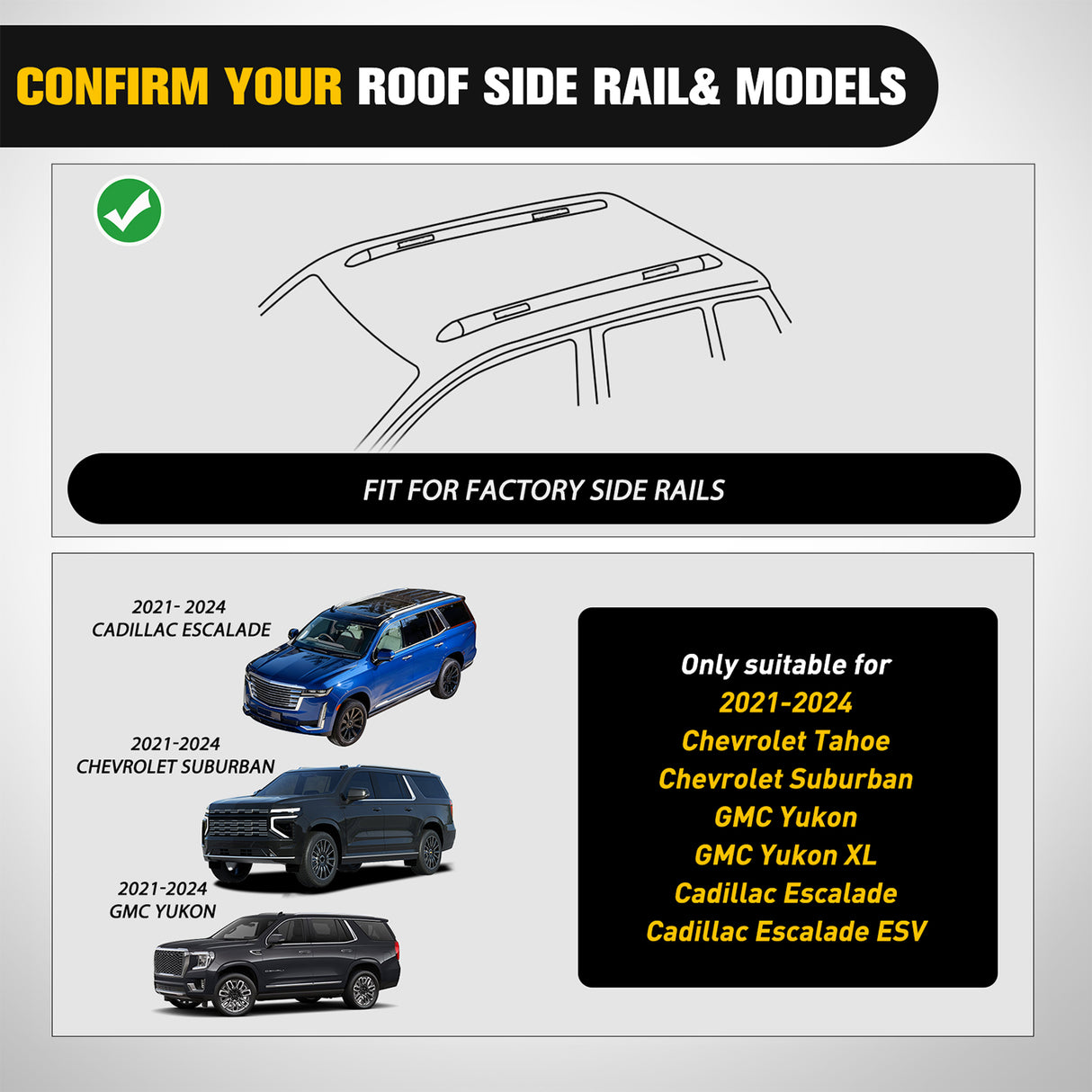 Roof Rack Roof Rack Cross Bars Compatible with Chevrolet Tahoe Suburban GMC Yukon Cadillac Escalade 2021 22 23 2024, Adjustable Aluminum Car Crossbars for Cargo Carrier Luggage Box Kayak Tent Snowboard