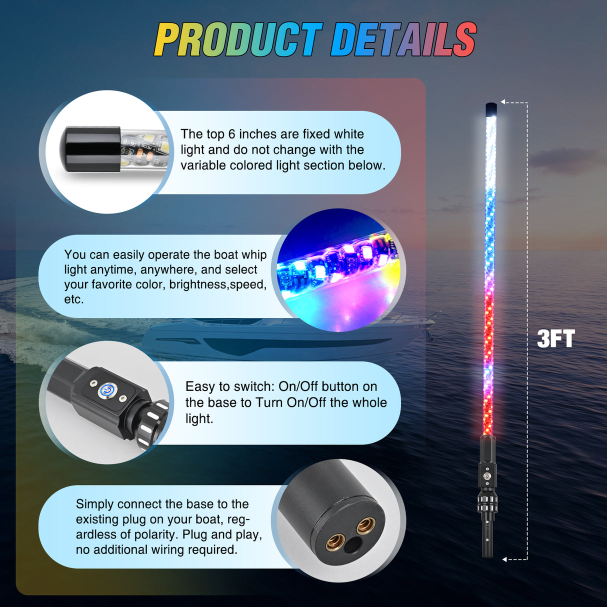 Boat Navigation Whip Light 3FT 360° Visibility 2NM Coast Guard Compliant 400+ Patterns with Remote Plug-in Base LED Spiral Boats Stern Lights for Night Fishing, Yacht, Pontoon Accessories
