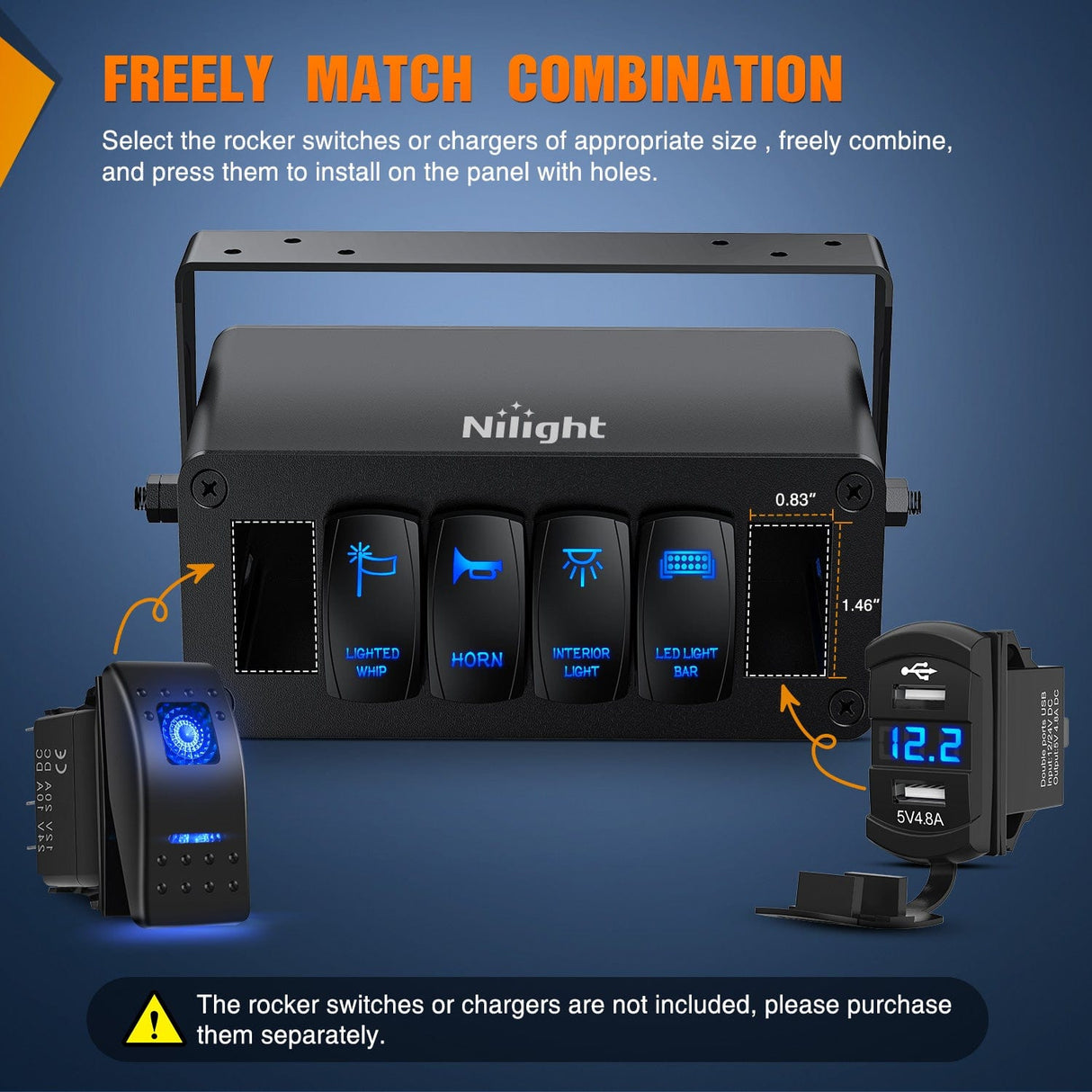 Nilight 6 Gang Rocker Switch Box 6 Holes Panel Detachable Installation Housing Waterproof Aluminum Rotatable Mount Bracket 12V 24V DIY Toggle Switches Voltmeter USB Socket for Boats Cars RVs Trucks