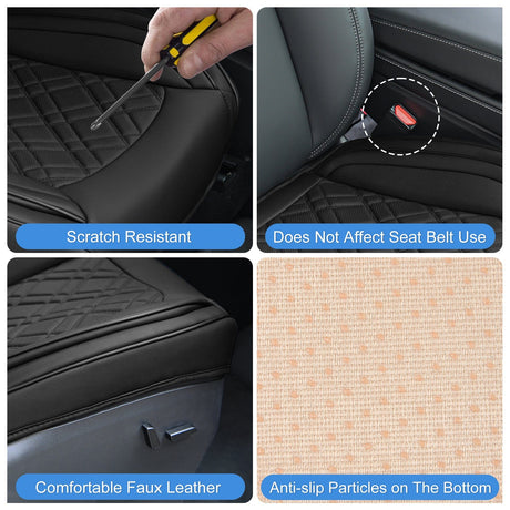 Car Seat Cushion Cover Black Leather Front Seats with Wings Waterproof and Anti-Slip with Storage Bag Wrapped Bottom Suitable for Cars Sedan Van SUV Truck