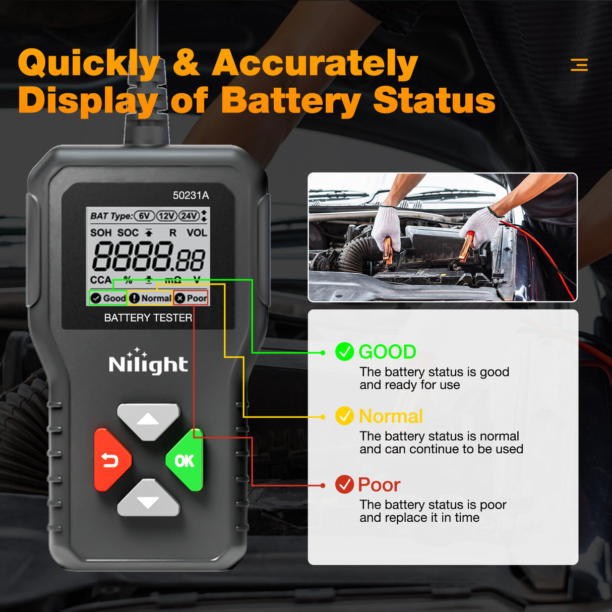 Nilight Car Battery Tester 6V 12V 24V Accurate Digital Auto Analyzer 100-2000 CCA Voltage SOH SOC Internal Resistance Test for Cars Trucks SUV ATV Boats Motorcycles Vehicle