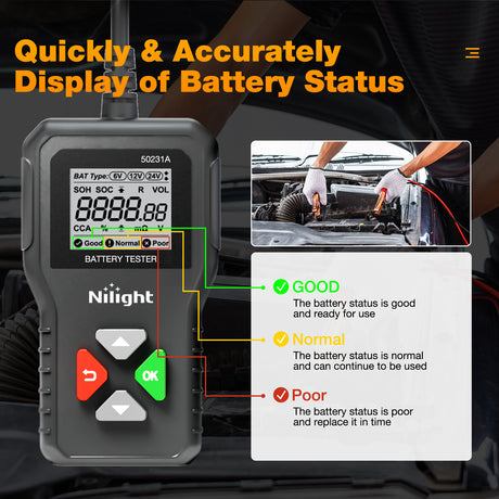 Nilight Car Battery Tester 6V 12V 24V Accurate Digital Auto Analyzer 100-2000 CCA Voltage SOH SOC Internal Resistance Test for Cars Trucks SUV ATV Boats Motorcycles Vehicle