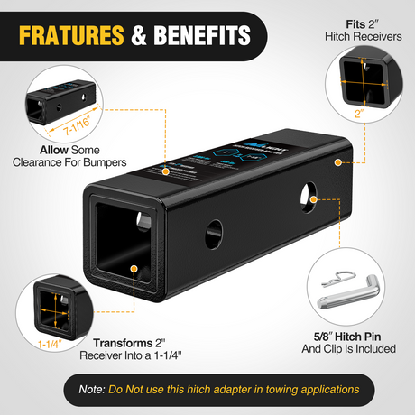 Nilight Trailer Hitch Receiver Adapter Reducer Sleeve 2 to 1-1/4 Inch with 5/8Inch Hitch Pin and Clip Hitches Towing Accessories for Tractor Bucket RV UTV Truck Bike Rack Cargo Carriers Carbon Steel