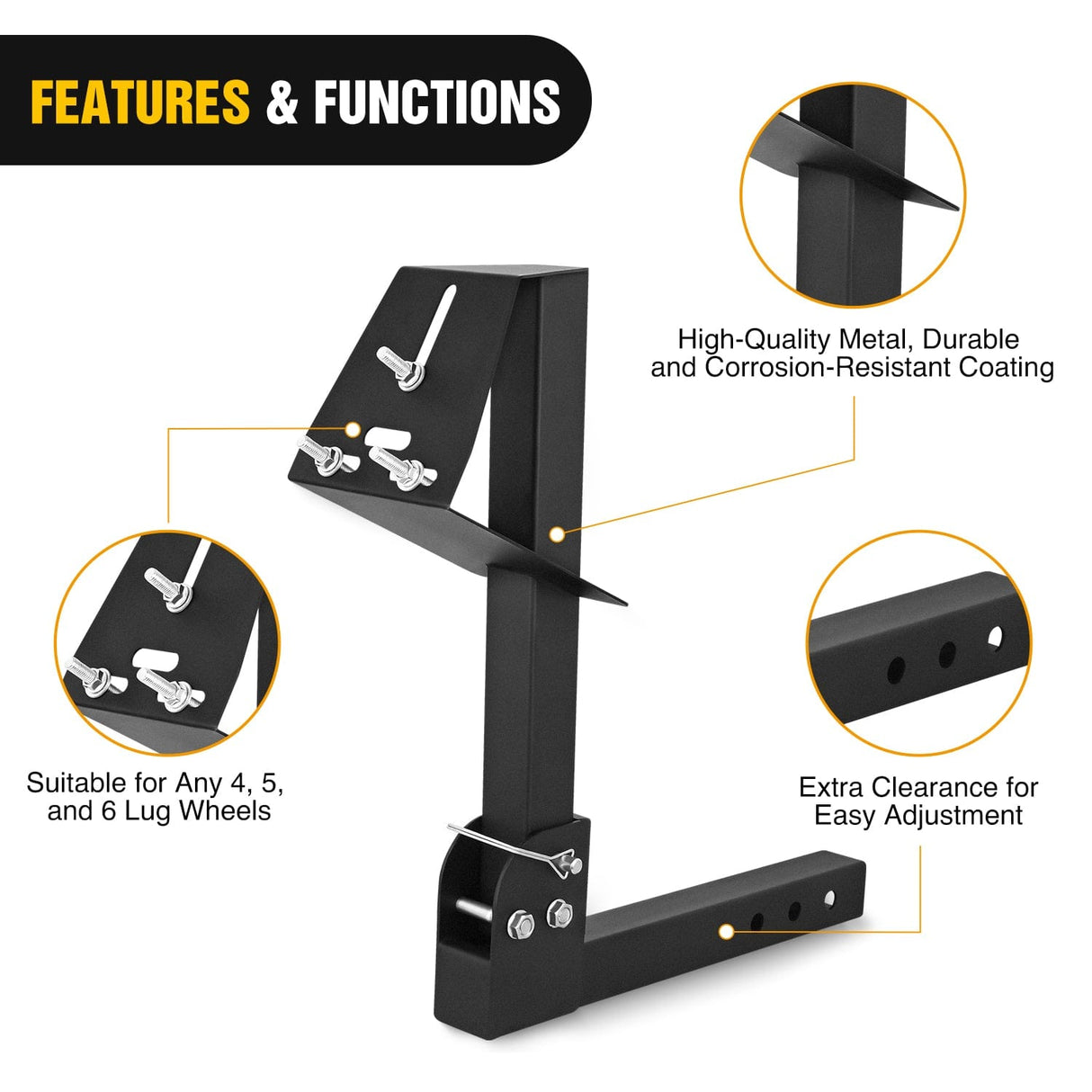 Trailer Hitch Spare Tire Carrier Adjustable Hitch Spare Tire Mount for Truck SUV ATV UTV for 2 Inch Receiver Fits 4 & 5 & 6 Lugs Trailer Wheels