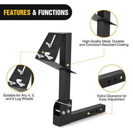 Trailer Hitch Spare Tire Carrier Adjustable Hitch Spare Tire Mount for Truck SUV ATV UTV for 2 Inch Receiver Fits 4 & 5 & 6 Lugs Trailer Wheels