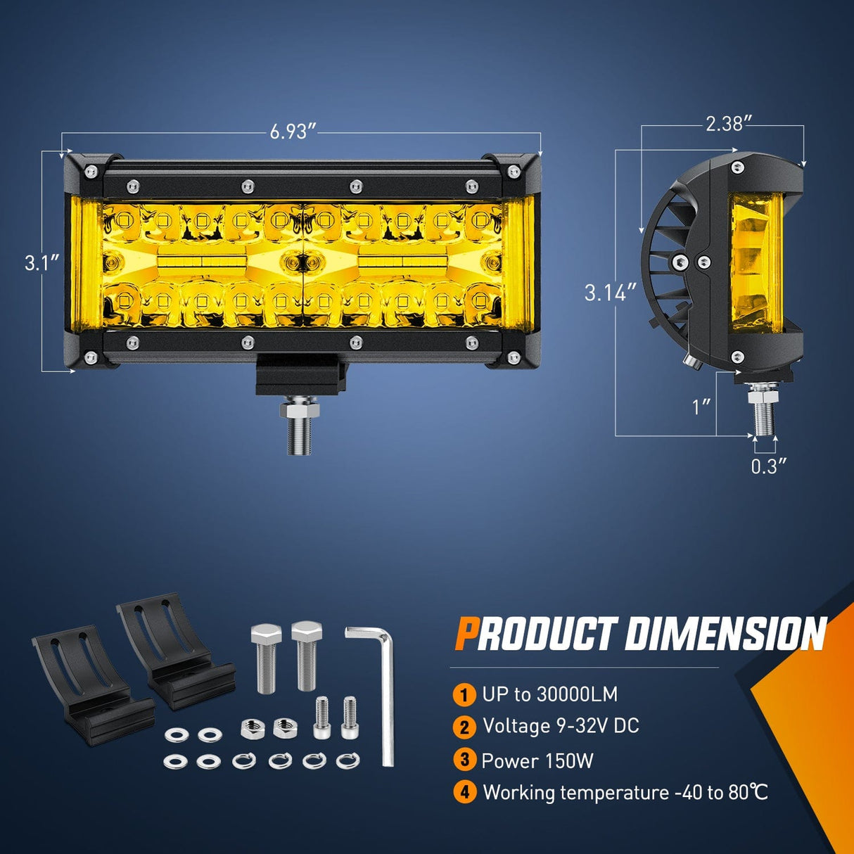 LED Light Bar 2PCS 7Inch Triple Row Spot Flood Combo Yellow Beam with 5Pin Rocker Switch Wiring Harness Kit