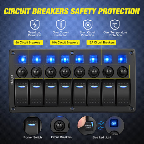 Nilight 8 Gang Rocker Switch Panel Waterproof Pre-Wired Marine with Resettable Circuit Breaker LED Backlight 5A 10A 15A Breakers 12V 24V ON Off 3 PIN Toggle Switches for Car Truck Boat RV