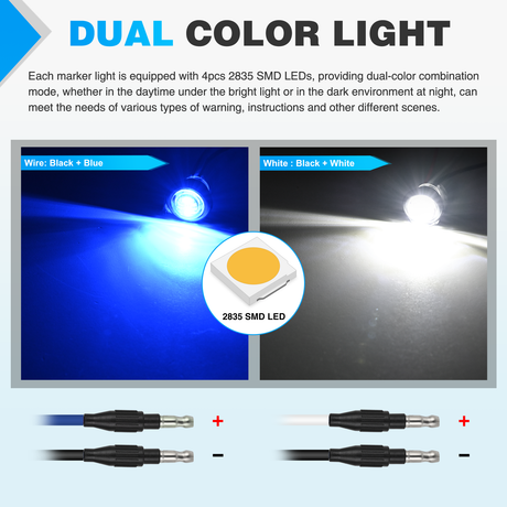 Nilight 3/4Inch Dual Color Marker Light 10PCS Blue to White Auxiliary Side Marker Bullet Clearance Indicator Lights 3 Plug Connector IP68 Waterproof for Trailer Truck Pickup Camper RV ATV UTV Van Bus
