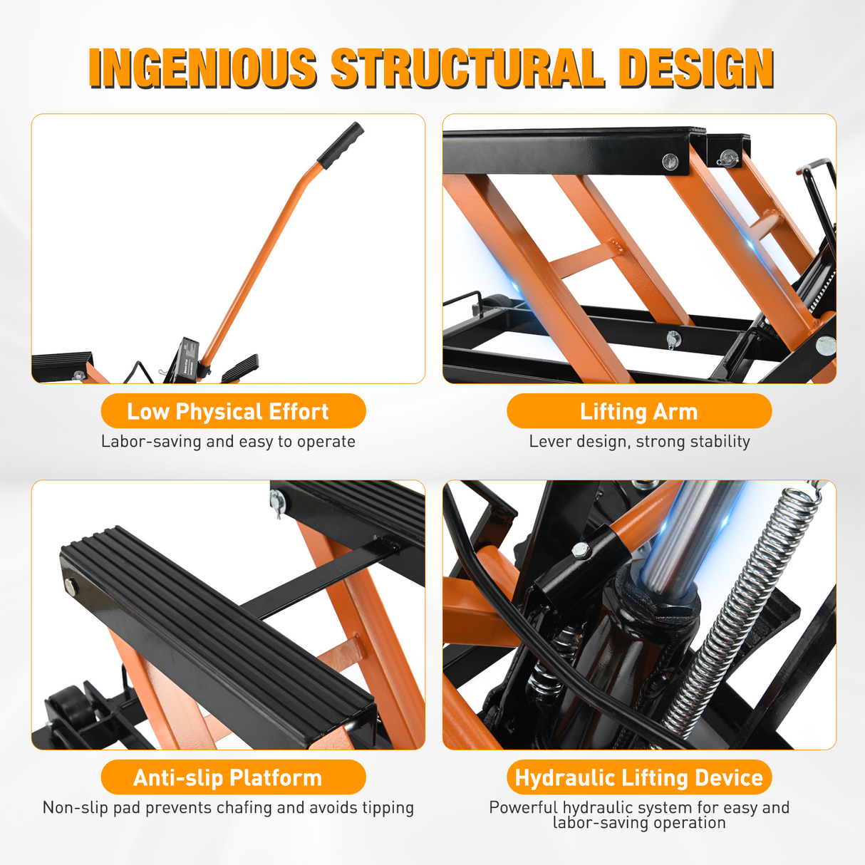 Motorcycle Lift Jack 1500 LBS Hydraulic Lifts ATV Scissor Jacks with Wheel Foot Pedal Handle Ratchet Belt Heavy Duty Lifter Stand Hoist Table for Dirt Bike Garage Storage Repair Tool,Orange