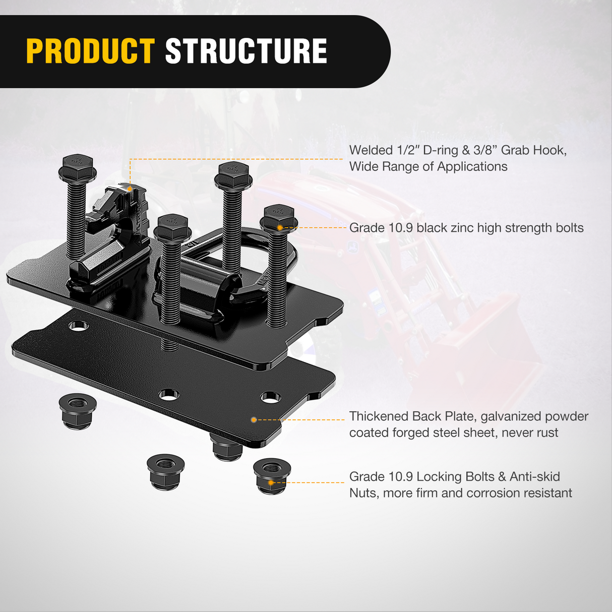 Nilight 2PCS Tractor Bucket Hooks with Tie Down Ring, Bolt-On Grab Hook with Back Plates Compatible with Trailer RV UTV Truck, Grade 70 Grade Forged Steel Max 15000 lbs, Black