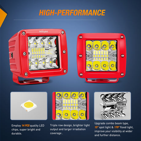 Nilight LED Light Pods 2PCS 42W 3 Inch Triple Row Spot Flood Combo Cubes with Wiring Harness Kit for Driving Backup Reverse Lighting on Off-Road Truck SUV ATV UTV