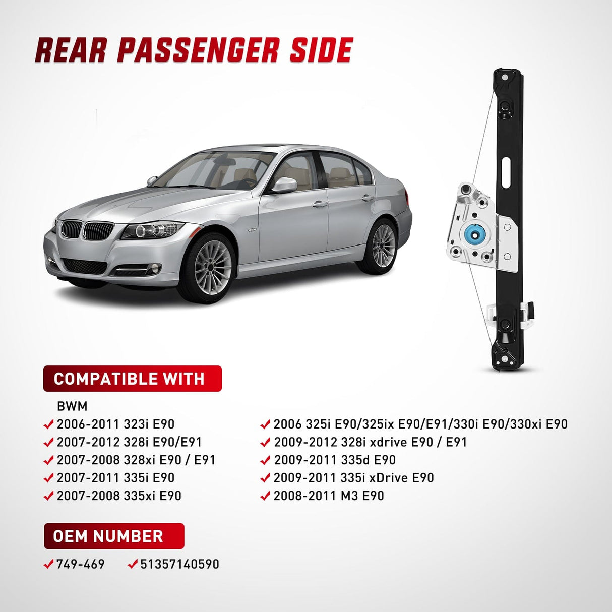 Nilight 749-469 Rear Passenger Side Power Window Regulator,Compatible with BMW E90 E91 323i 325i 325xi 328i 328i xDrive 330i 330xi 335i 335xi M3 2006 2007 2008 2009 2010 2011