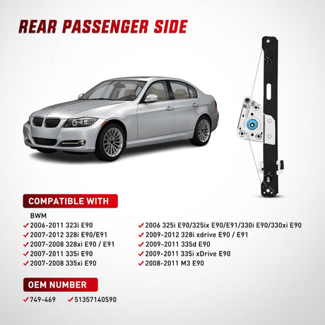 Nilight 749-469 Rear Passenger Side Power Window Regulator,Compatible with BMW E90 E91 323i 325i 325xi 328i 328i xDrive 330i 330xi 335i 335xi M3 2006 2007 2008 2009 2010 2011