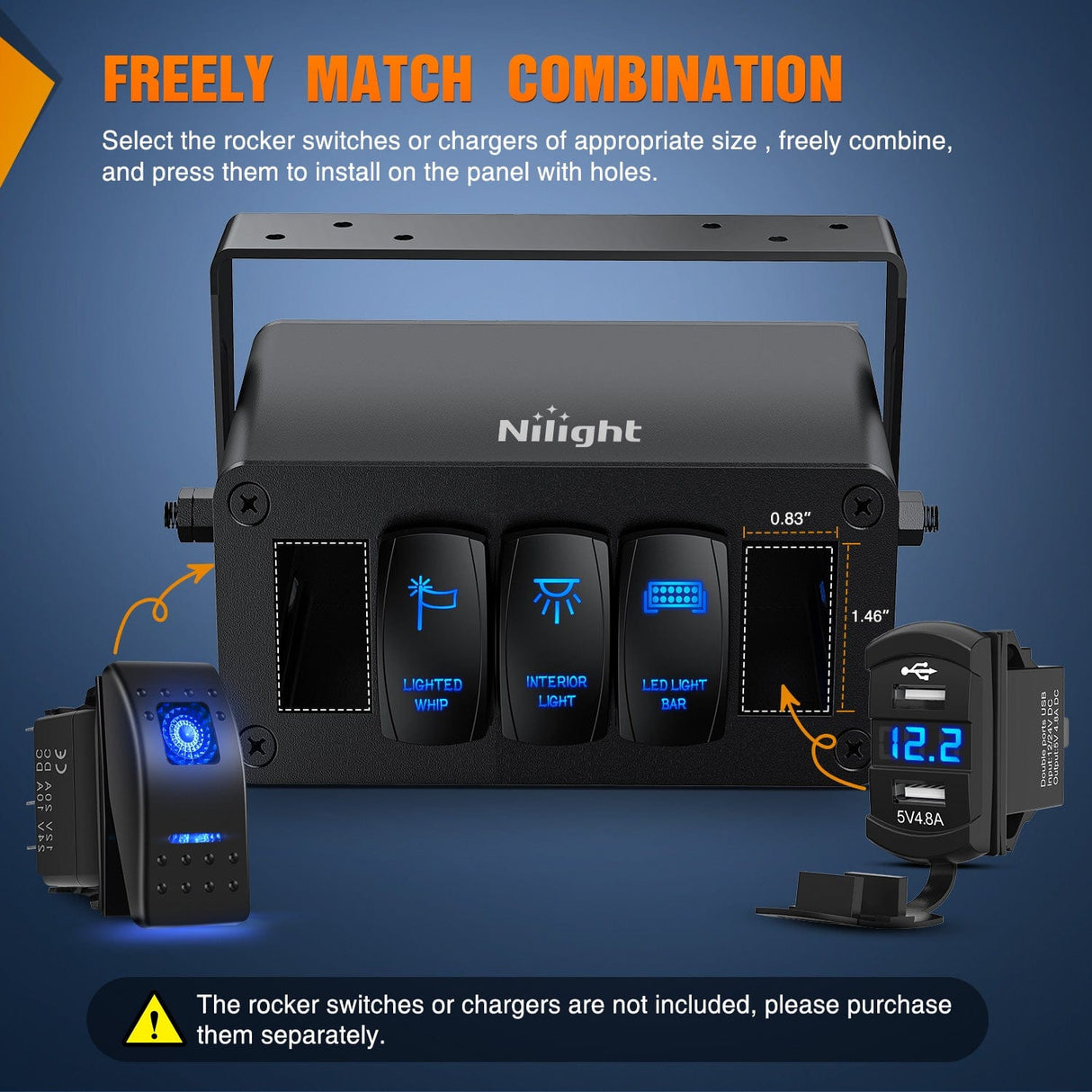 Nilight 5 Gang Rocker Switch Box 5 Holes Panel Detachable Installation Housing Waterproof Aluminum Rotatable Mount Bracket 12V 24V DIY Toggle Switches Voltmeter USB Socket for Boats Cars RVs Trucks