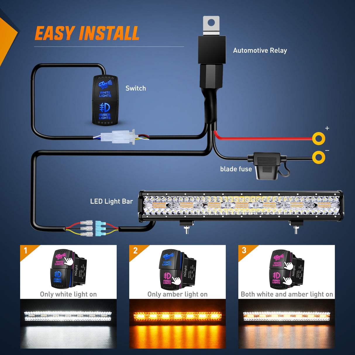 LED Light Bar 20Inch Off-Road LED Light Bar, 420W 3 Lighting Modes (White/Amber/White&Amber) Driving Fog Light Spot Flood Lights with 16AWG Wiring Harness for Truck Car ATV SUV Jeep Boat