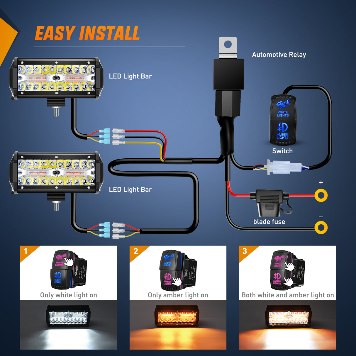 LED Light Bar 6.5Inch Off-Road LED Light Bar, 2PCS 120W 3 Lighting Modes (White/Amber/White&Amber) Driving Fog Light Spot Flood Lights with 18AWG Wiring Harness for Truck Car ATV SUV Jeep Boat