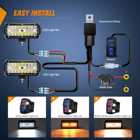 LED Light Bar 6.5Inch Off-Road LED Light Bar, 2PCS 120W 3 Lighting Modes (White/Amber/White&Amber) Driving Fog Light Spot Flood Lights with 18AWG Wiring Harness for Truck Car ATV SUV Jeep Boat