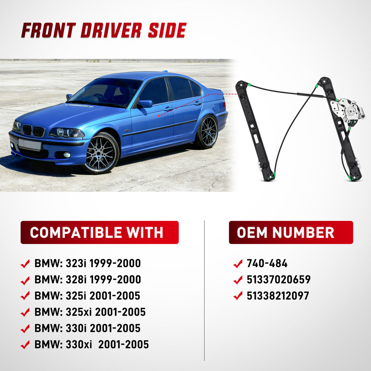740-484 Front Driver Side Power Window Regulator,Compatible with BMW E46 323i 325i 325xi 328i 330i 330xi 1999 2000 2001 2002 2003 2004 2005