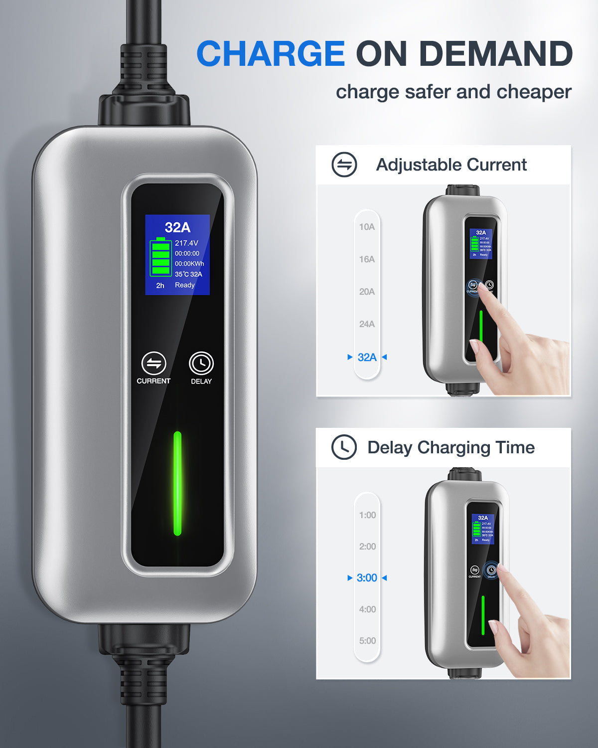 Nilight EV Charger Level 2, 32 Amp 240V, 25ft Cable SAE J1772 Portable Electric Car Charger with NEMA 14-50P Plug, Adjustable Current/Delay Timer