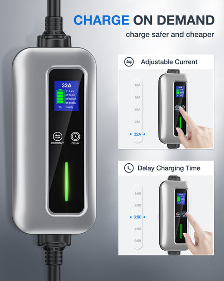 Nilight EV Charger Level 2, 32 Amp 240V, 25ft Cable SAE J1772 Portable Electric Car Charger with NEMA 14-50P Plug, Adjustable Current/Delay Timer