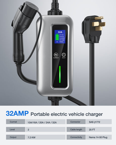 Nilight EV Charger Level 2, 32 Amp 240V, 25ft Cable SAE J1772 Portable Electric Car Charger with NEMA 14-50P Plug, Adjustable Current/Delay Timer