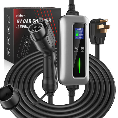 Nilight EV Charger Level 2, 40 Amp 240V, 25ft Cable SAE J1772 Portable Electric Car Charger with NEMA 14-50P Plug, Adjustable Current/Delay Timer