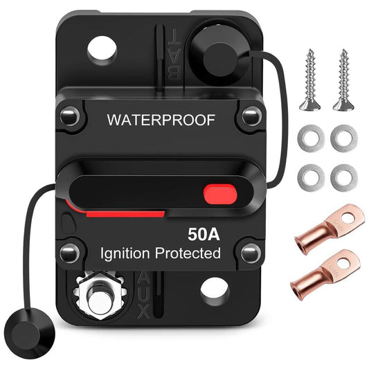 50A Circuit Breaker Resettable 12-48V DC Manual Reset w/Copper Wire Lugs Surface Mount Overload Protection Nilight