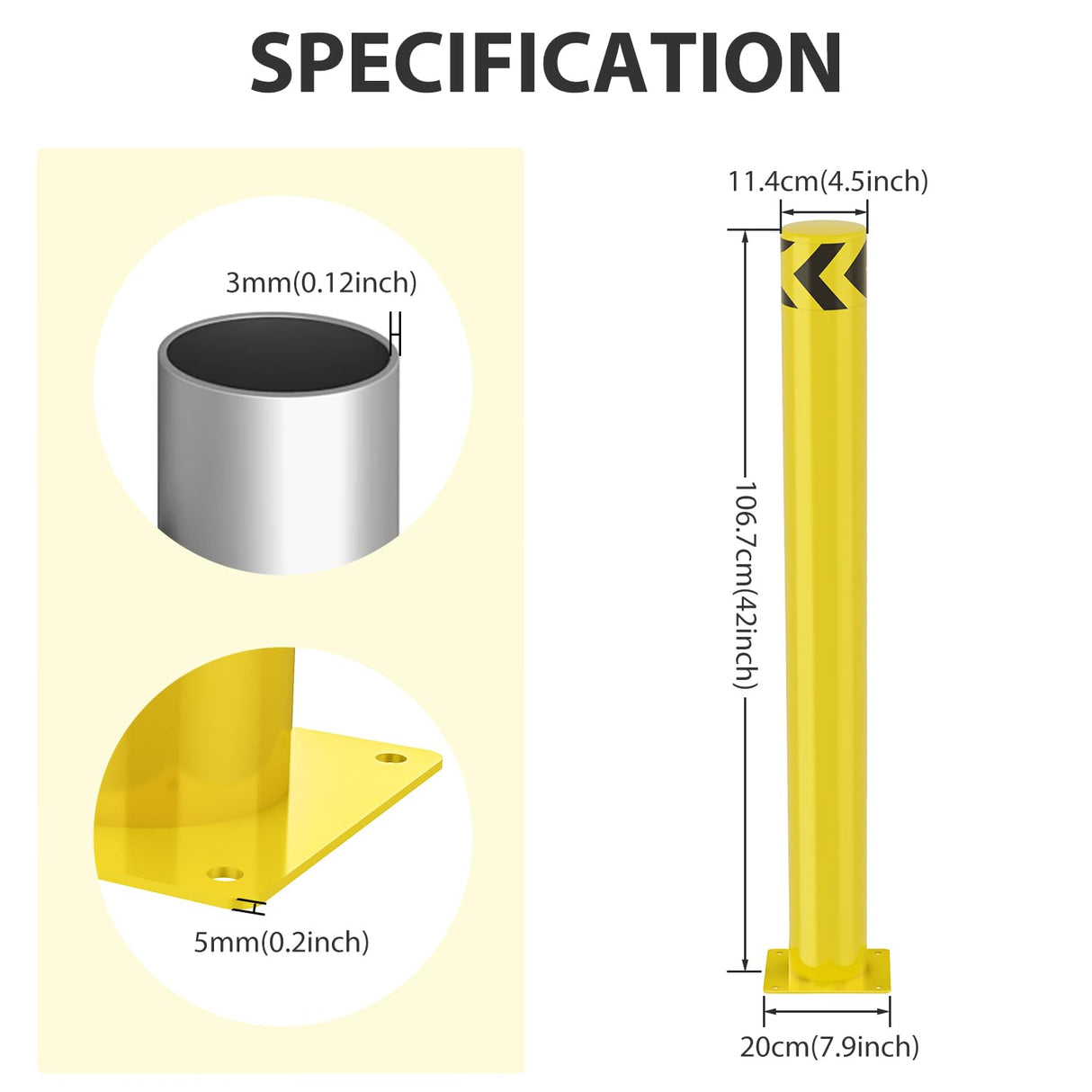 Safety Bollard, 42 inches Height Steel Bollard Post High High Visibility, 1 Pack