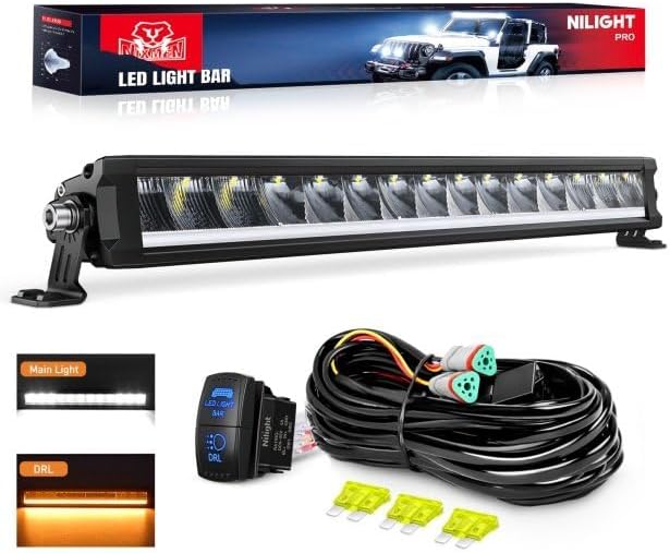 LED Light Bar with Amber DRL 19.5 Inch 75W Single Row Offroad Light Anti-Glare Flood Spot Combo Slim Light Bar IP68 w/ 16AWG DT Wiring Kit for Pickup Truck SUV ATV UTV Boat 4x4 Jeep