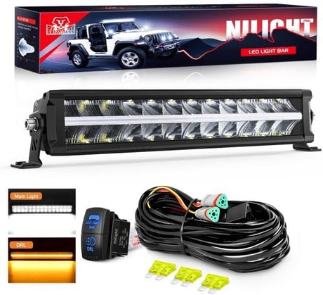 LED Light Bar with Amber DRL 16 Inch 120W Offroad Light Anti-Glare Flood Spot Combo LED Driving Light IP68 w/ 14 AWG DT Connector Wiring Harness for Pickup Truck SUV ATV UTV Boat 4x4