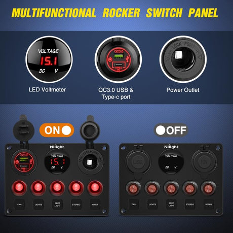 5 Gang Multi Function Waterproof Switch Panel PD Type C and USB Socket Digital Voltmeter 12V Outlet Rocker with Inline Fuse for RVs Cars Boats Trucks Trailers Red