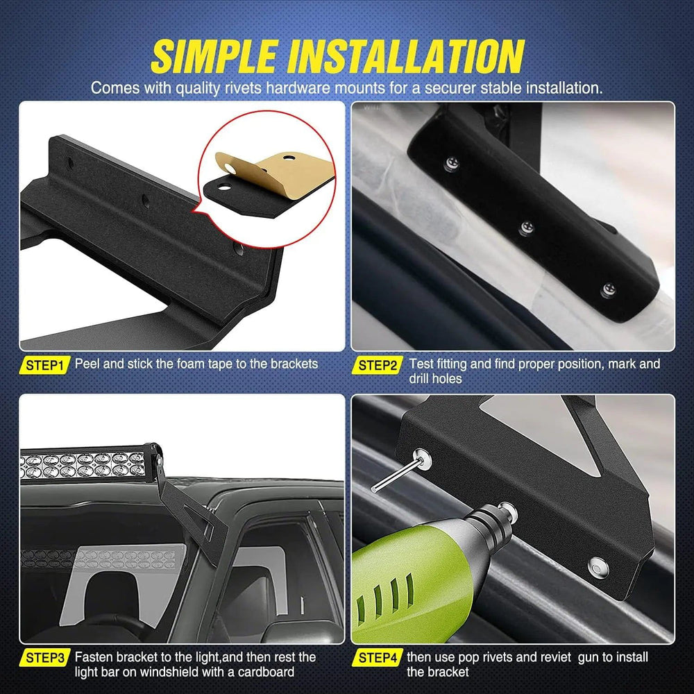 Mounting Accessory 52” Curved Light Bar Bracket at Upper Windshield Roof Cab for 2004-2018 Ford F150 & SVT Raptor (Pair)