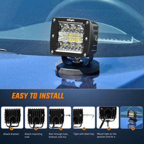 Nilight 3 Inch 42W Upgraded Triple Row Spot Flood Square LED Pods  with Amber/Black Covers (Pair)