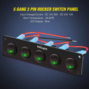 switch panel 5Gang 3Pin Green Rocker Switch Panel