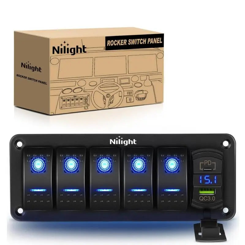 5Gang Aluminum 5Pin ON/Off Blue Rocker Switch Panel w/ PD Type C and USB Charger Voltmeter Nilight