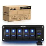 5Gang Aluminum 5Pin ON/Off Blue Rocker Switch Panel w/ PD Type C and USB Charger Voltmeter Nilight