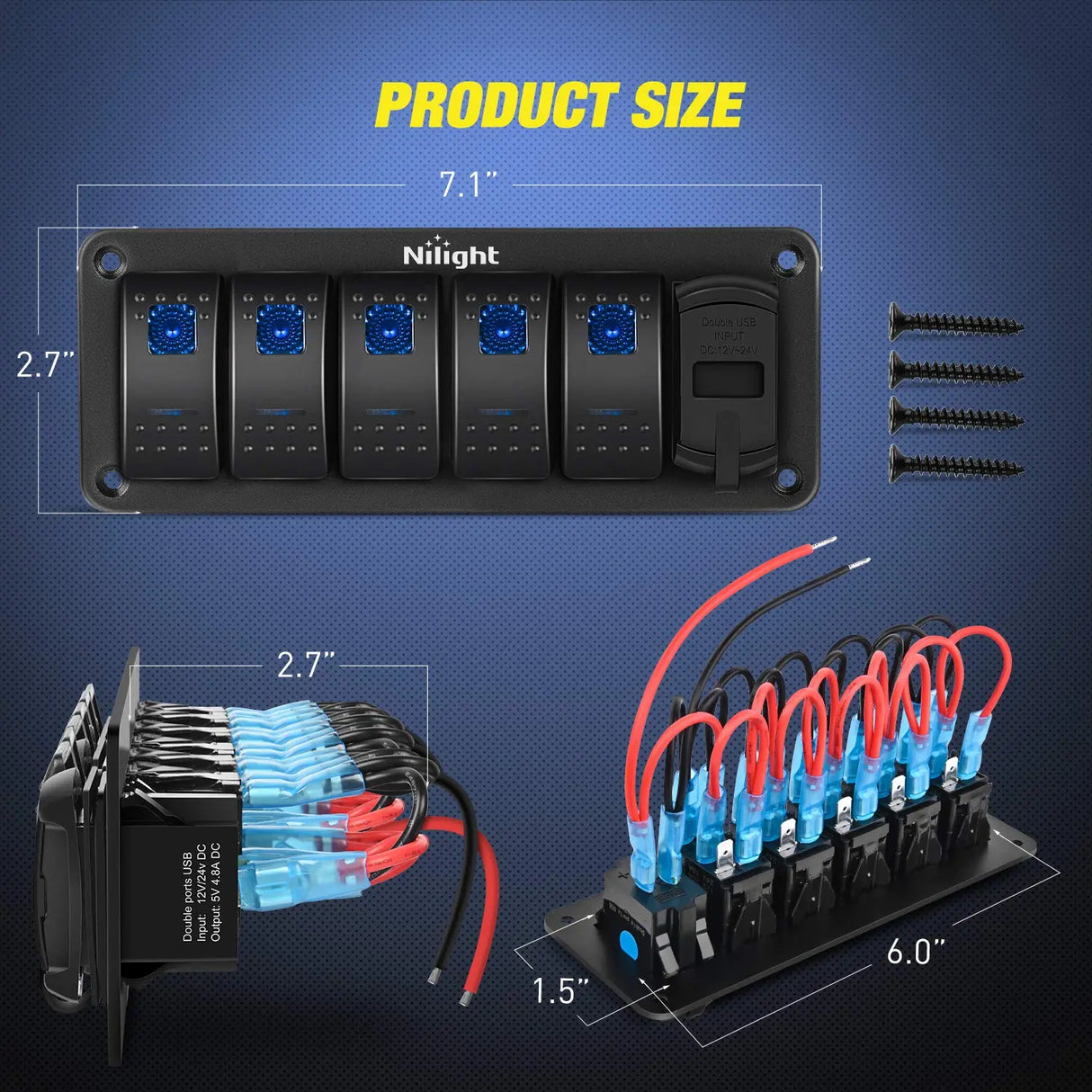 5Gang Aluminum 5Pin ON/Off Blue Rocker Switch Panel w/ PD Type C and USB Charger Voltmeter Nilight